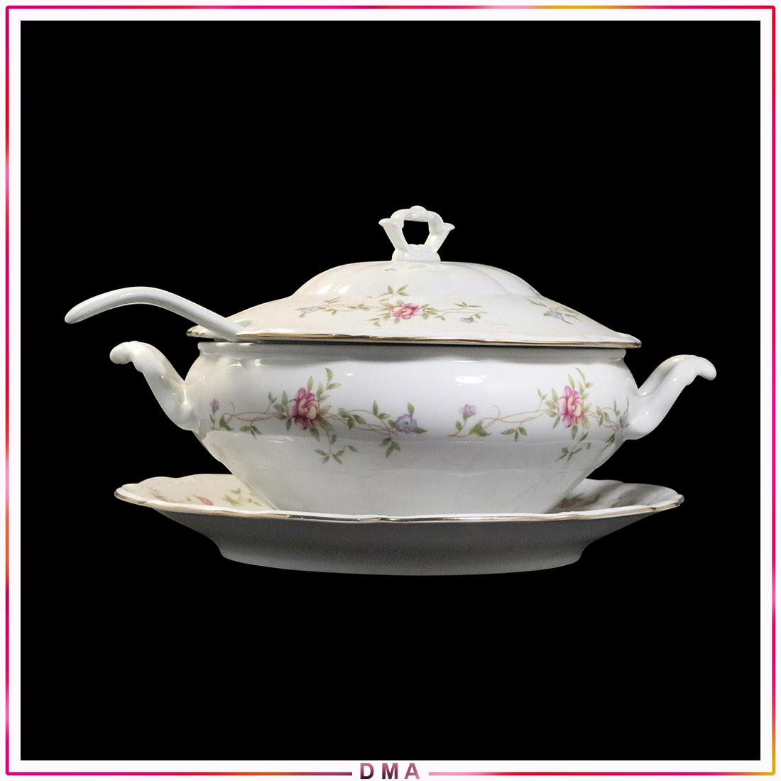 Walbrzych Poland Porcelain Turren, Ladel, Under Plate: Walbrzych Poland Porcelain Turren, Ladel, Under Plate. Size: 9x13 tureen, 12.5dia plate, 12x3 spoon