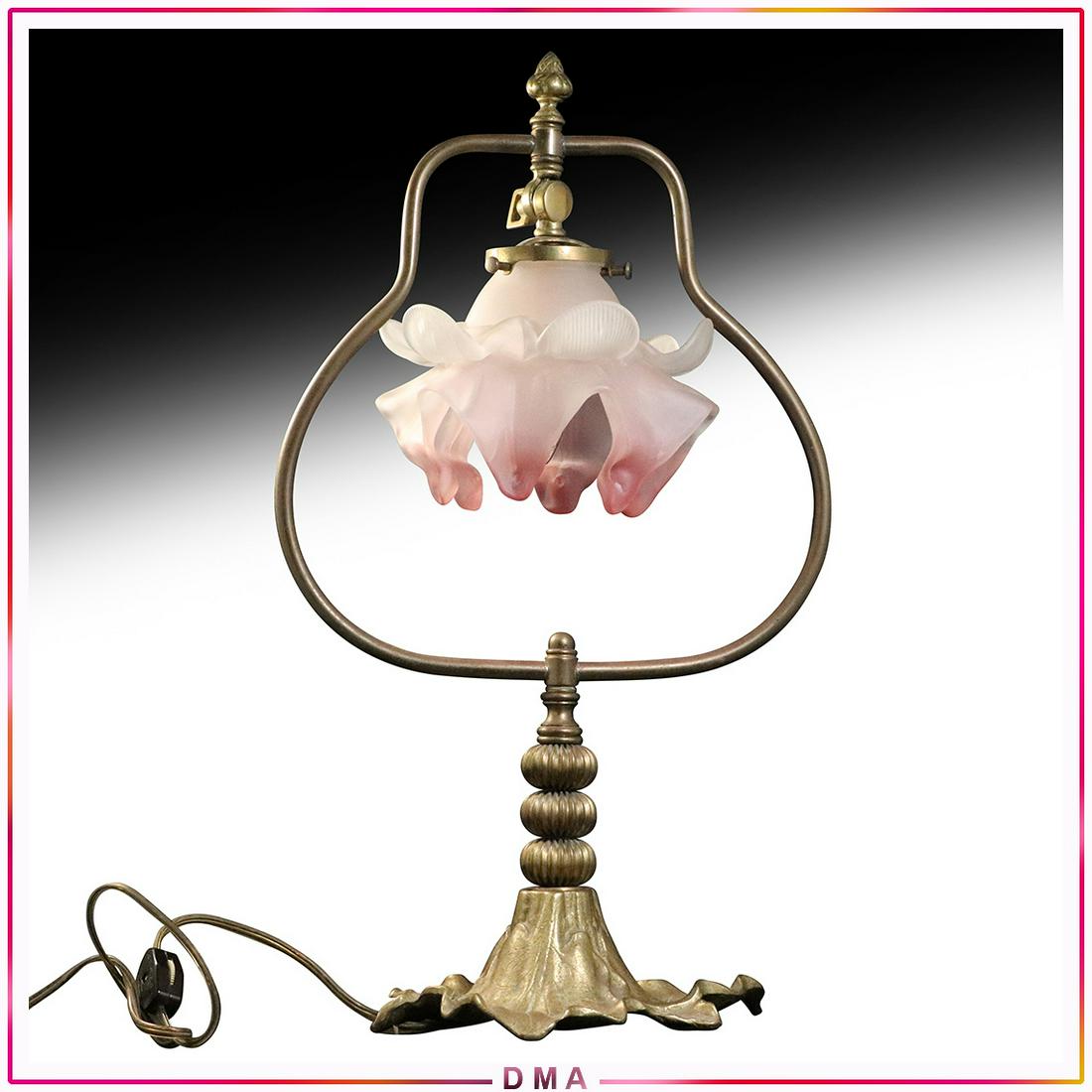 Brass Art Nouveau Desk Harp Lamp Glass Flower Shade: Brass Art Nouveau Desk Harp Lamp Glass Flower Shade. Adjustable. Original patina finish, wiring good, lights fine. Size: 19x10.5x7.5