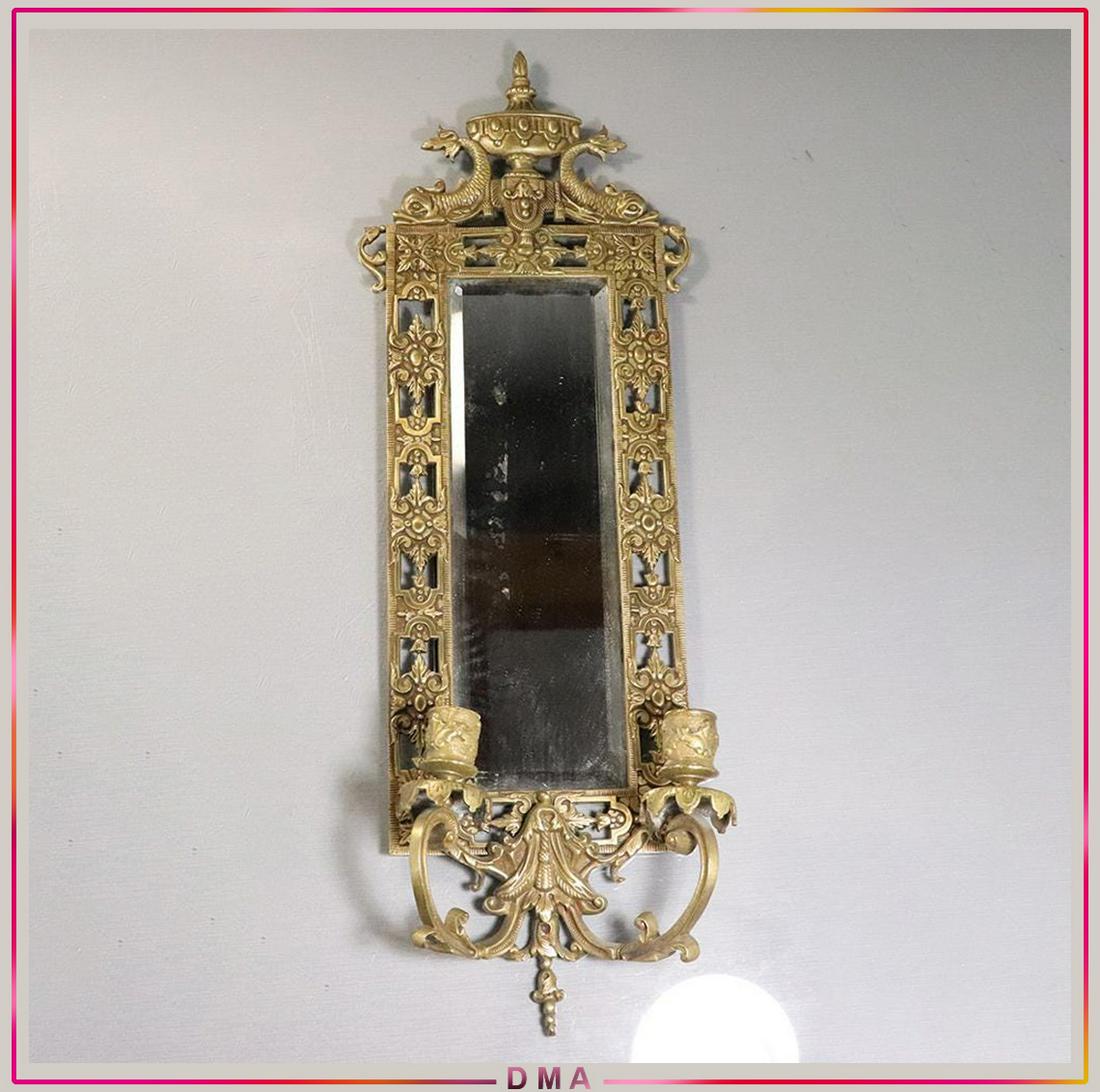 Ornate Brass Wall Sconce Beveled Mirror, Serpents Crest: Ornate Brass Wall Sconce Beveled Mirror, Serpents Crest. Original Patina Finish. Size: 23x8x4