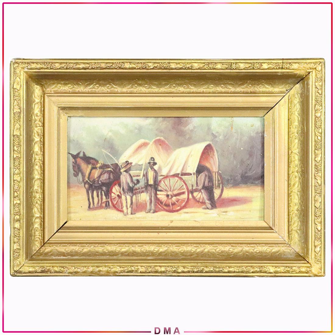 William Aiken Walker [School of], Oil/b Cotton Farm SC: William Aiken Walker [School of], Oil/b Cotton Farm, Charleston South Carolina. Oil on board painting, Label and title on verso, original deep wide gold frame. Vintage. Size: 5.5x10 image, 10.5x15 out