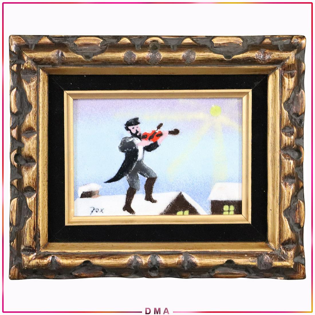 Fox, Enamel Art on Copper Jewish Fiddler on the Roof: Fox, Enamel Art on Copper Jewish Fiddler on the Roof. Signed, Framed. Vintage. Size: 5x7 image, 9.5x11.5 outside frame