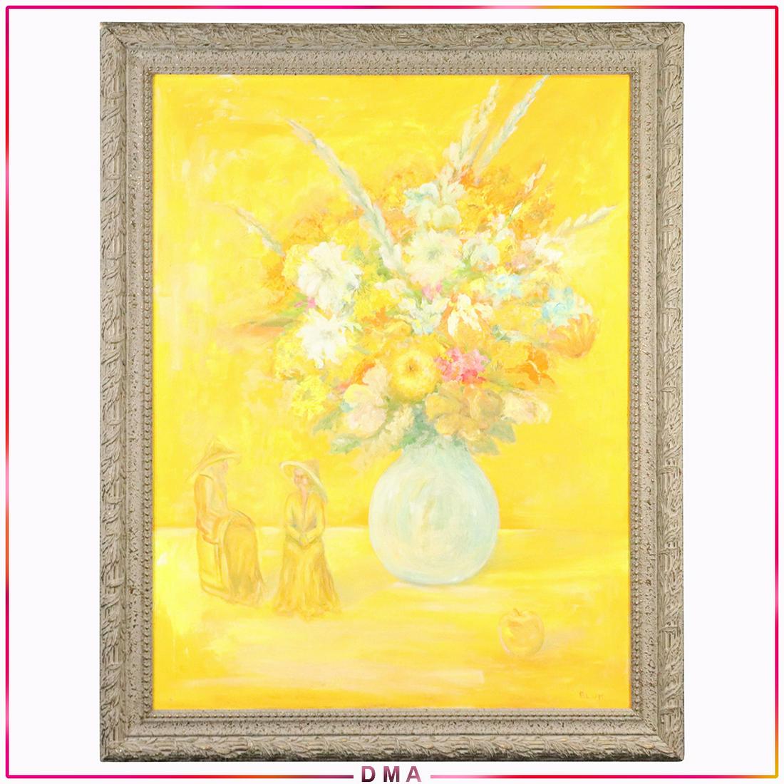 Marcelle Blum 1893-1984 Belgium, Yellow Still Life: Marcelle Blum 1893-1984 Belgium, Yellow Still Life with flowers in vase, 2 Asian figures. Oil painting on canvas, Signed front and back. Framed. Size: 40x30 image, 46x36 outside frame. ASKart: Marcell
