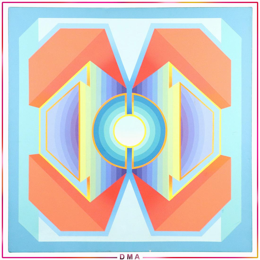 Victor Atkins, 1970s Pop Art Colorful Oil Painting: Victor Atkins, 1970s Pop Art Illusion Colorful Oil on canvas Painting. Monogram on front, Full artists name on backside, twice. Titled: "I got a feeling", dated 1970. Size: 36.5x38.5
