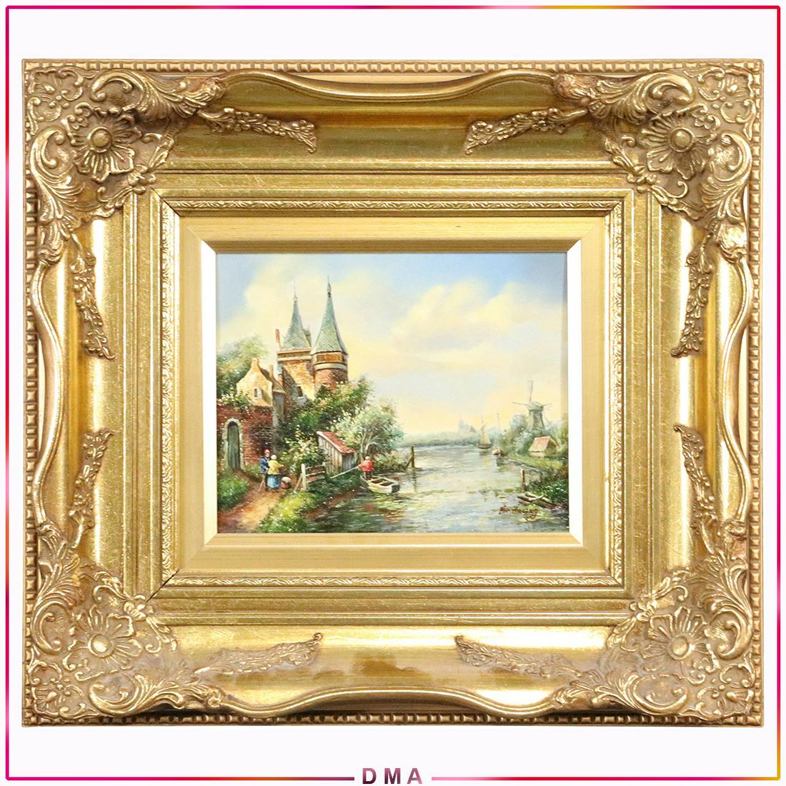 E Harley, 20th C. O/b European Coastal Village, Figures: E Harley, 20th C. O/b European Coastal Village, Figures. Oil on wood board painting. Signed. Quality Gold Framing. Size: 8x10 image, 18x20 outside frame