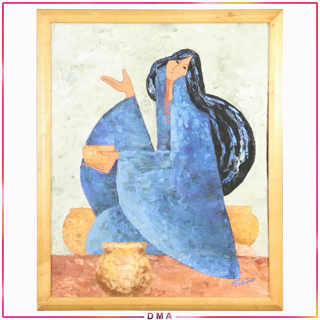 Tobin, Modernism Blue Robe Woman Knife Palette Oil/c: Tobin, Modernism Blue Robe Woman Knife Palette Oil/c. Oil on canvas painting. Signed. Framed. Size: 30x24 image, 32.5x26.5 outside frame