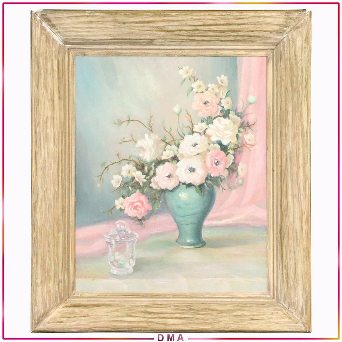 Vera A Smith 1953, Oil/c Still Life Flowers in Vase: Vera A Smith 1953, Oil/c Still Life Flowers in Vase. Oil on canvas painting, Signed and dated 1953, Original Frame. Vintage. Size: 20x16 image, 26.5x22.5 outside frame