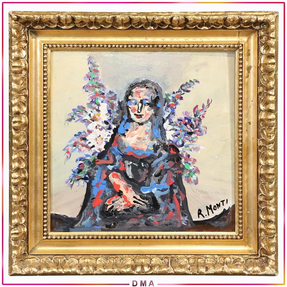 R Monti, Mid-Century Modern Oil/b Mona Lisa in Abstract: R Monti, Mid-Century Modern Oil/b Mona Lisa in Abstract. Oil on board Painting, Signed, Framed. Popular Philadelphia Area Artist. Size: 11x11 image, 16x16 outside frame