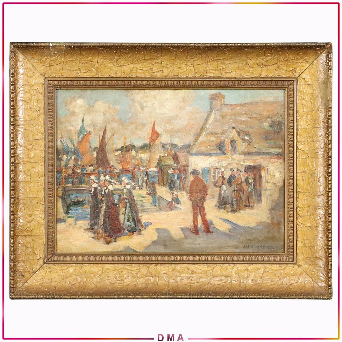 Jane Peterson 1876-1964, Oil/b Busy Docks at Gloucester: Jane Peterson 1876-1964, Oil/b Busy Docks at Gloucester. Oil on wood panel board painting, Signed, Framed. Size: 9.5x13 image, 14.25x18 outside frame. ASKart: Jane Peterson (1876 - 1965) was active/li