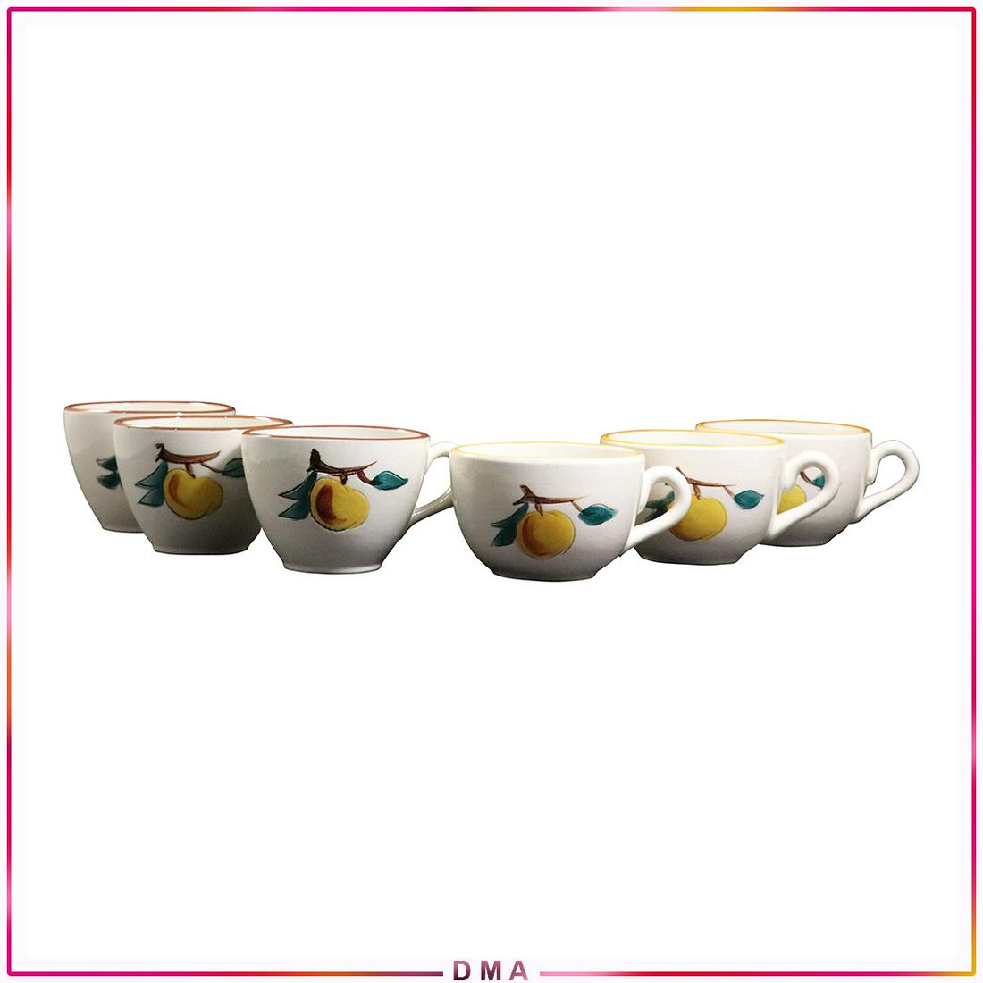 [6] Vintage STANGL Pottery Tea Cups with Peach: [6] Vintage STANGL Pottery Tea Cups with Peach. Size: 2.5h x 4.75w