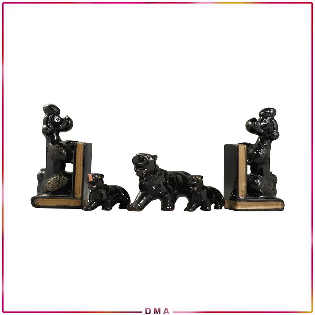 Vintage Ceramic Black Panthers, Black Poodle Bookends: Vintage Ceramic Black Panthers, Black Poodle Bookends. Size: 6x2x3 bookends, 6.5x3, 4x2 panthers