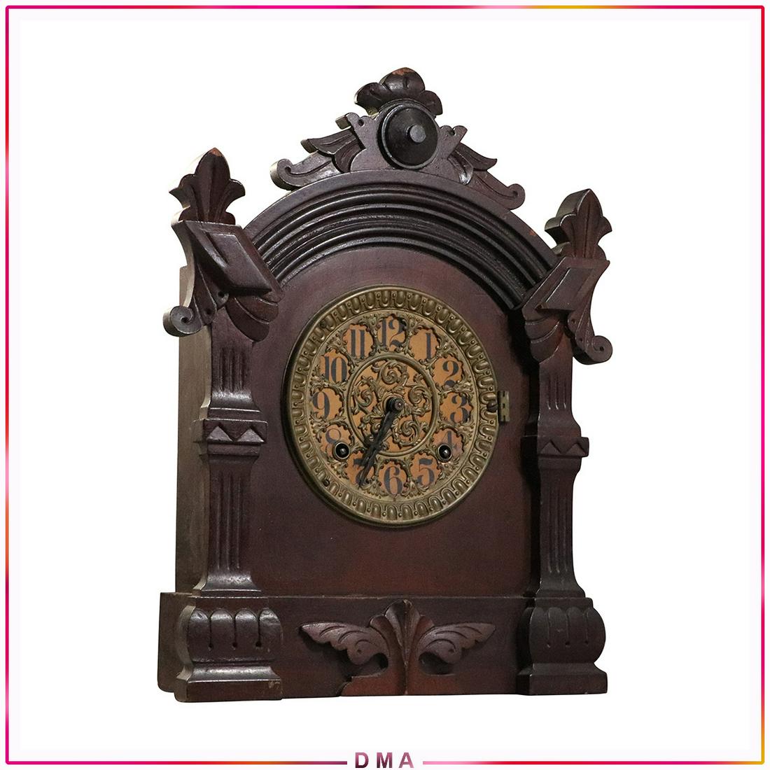 Ansonia Clock Co New York Victorian Walnut Mantle Clock: Ansonia Clock Co New York Victorian Walnut Mantle Clock , Fancy Dial. Size: 13x11x4.5