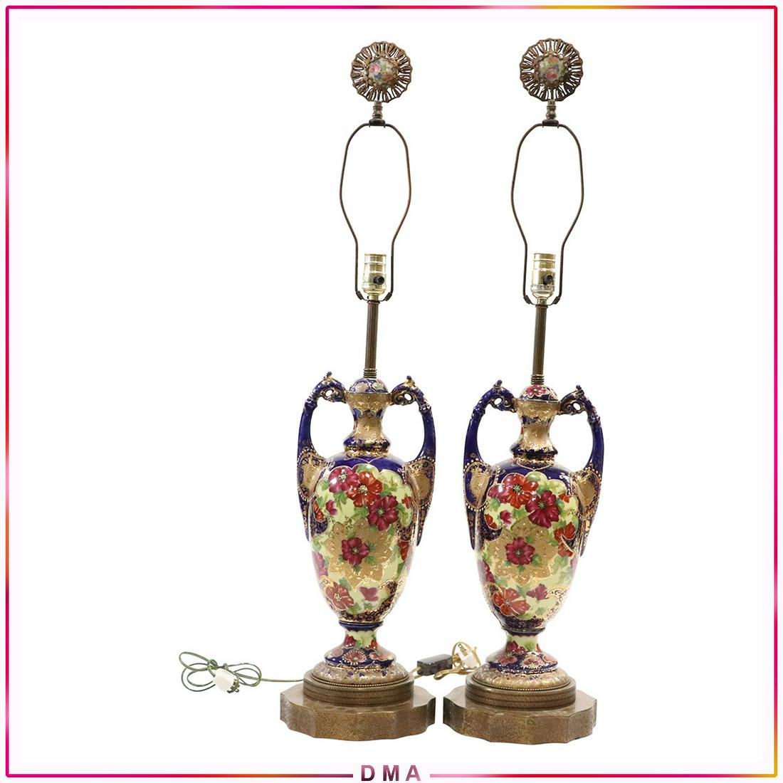 Pair Very Ornate Nippon Style Table Lamps Cobalt, Gold: Pair Very Ornate Nippon Style Table Lamps Cobalt, Flowers, Accented Gold. Vintage Circa 1920s. Size: 38h x 8w