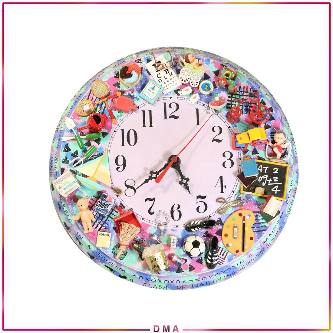 Tasha Stairs / Victor Langer "Life Cycle" Wall Clock: Tasha Stairs / Victor Langer "Life Cycle" Wall Clock. Hours Drag - Years Fly. Signed on verso. Size: 11 in. diameter x 3 in. depth