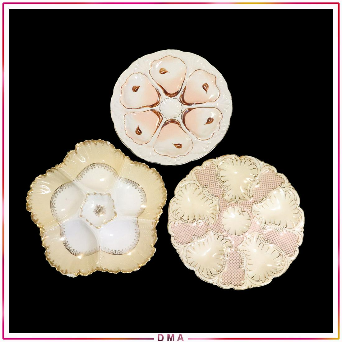 3 Assorted Antique Porcelain Oyster Plates, [2] Limoges: 3 Assorted Antique Porcelain Oyster Plates, [2] Limoges. Size: 1h x 8-9dia range