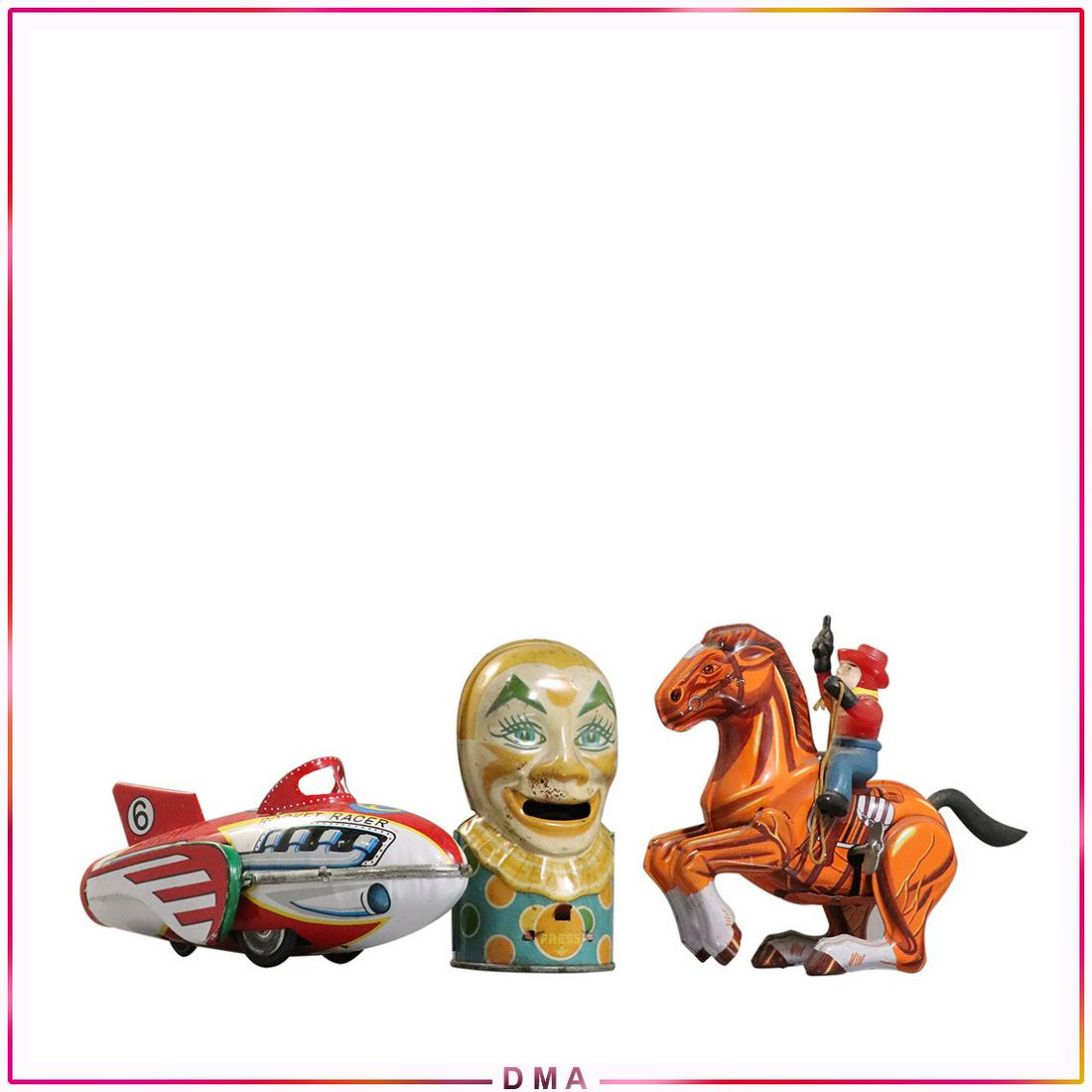3 Assorted Tin Toys Rocket Racer, Cowboy on Horse, Bank: 3 Assorted Tin Toys Rocket Racer, Cowboy on Horse, Bank. Vintage. Size: 3.25-6.5h range
