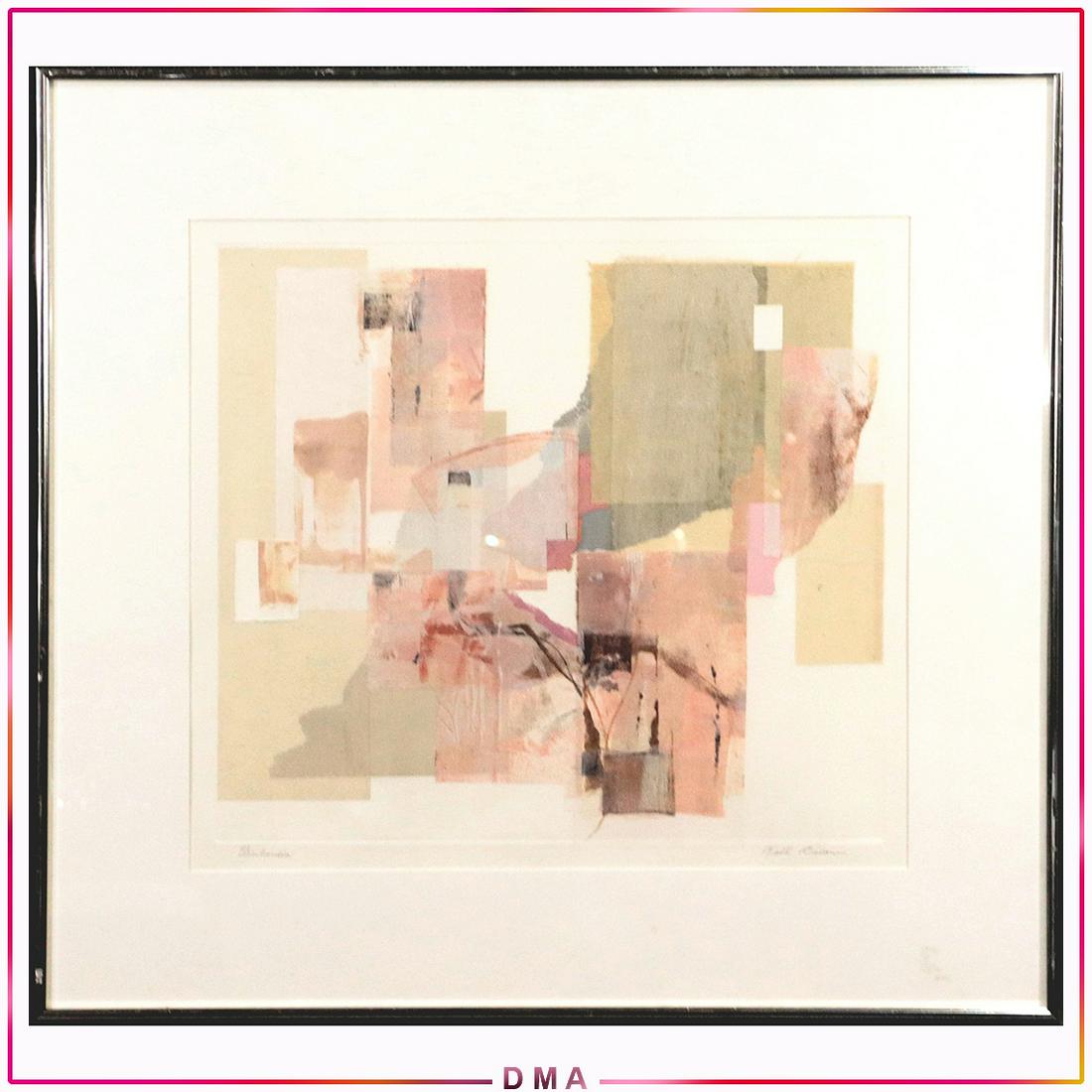 Ruth Bilane, "Finlandia" Paper Collage Modern Abstract: Ruth Bilane, "Finlandia" Paper Collage Modern Abstract, framed. Pencil signed, titled, artist's label on verso. Size: 17x19 image, 25.25x27.25 outside frame