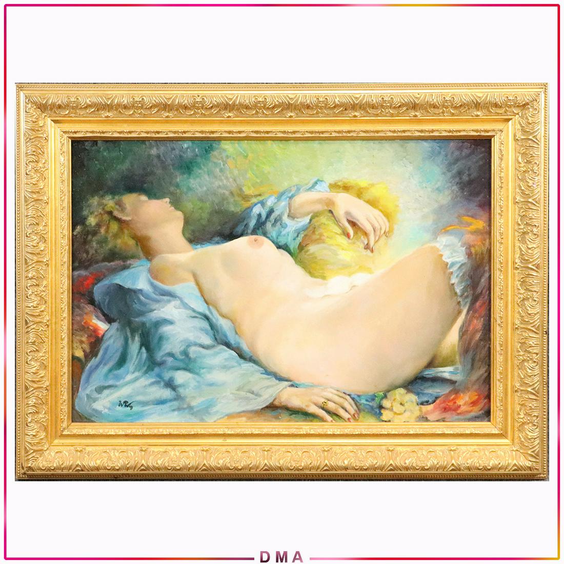 Wojciech Weiss 1875-1950 [attributed] O/b Nude in Blue: Wojciech Weiss 1875-1950 [attributed] O/b Nude in Blue. Prominent Polish Artist, representative of the expressionist "Young Poland" art movement. Oil on a wood pabel painting. Framed. Size: 18.5x27.5