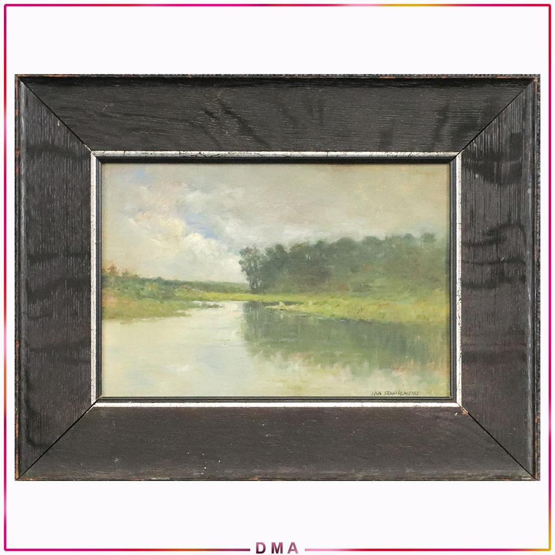 Jan Stanislawski 1860-1907 Polish Oil/c River Landscape: Jan Stanislawski 1860-1907 Polish Oil/c River Landscape. Oil on canvas mounted on cardboard, signed lower right. Size: 8x11.75 image, 13.25x17 outside frame. ASKart: Jan Stanislawski (1860 - 1907) was