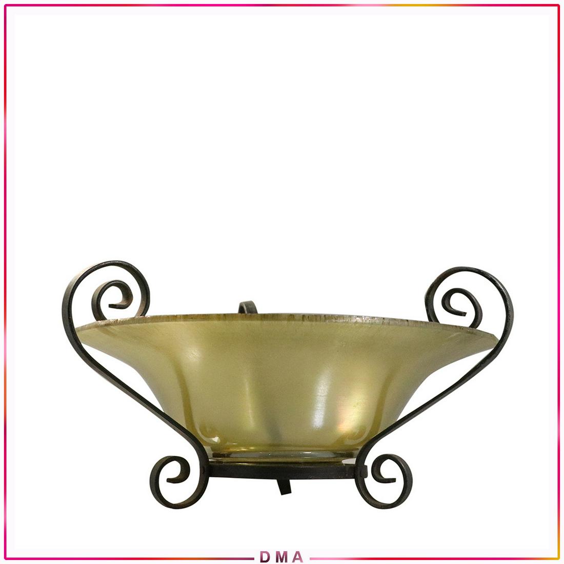 Stretched Glass / Art Glass Center Bowl Iron Frame: Stretched Glass / Art Glass Center Bowl Iron Frame. Vintage. Size: 6.5h x 11.75w
