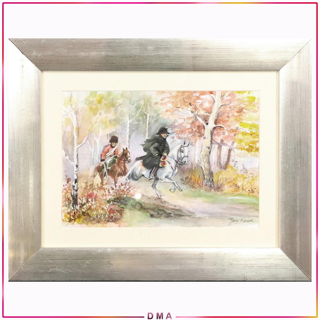 Jerzy Kossak 1886-1955 [attributed] Polish, "The Chase": Jerzy Kossak 1886-1955 [attributed] Polish, "The Chase"; watercolor painting, Size: 9x13 image, 16x20 outside frame. ASKart: Jerzy Kossak (1886 - 1955) was active/lived in United Kingdom, Poland. Jerz