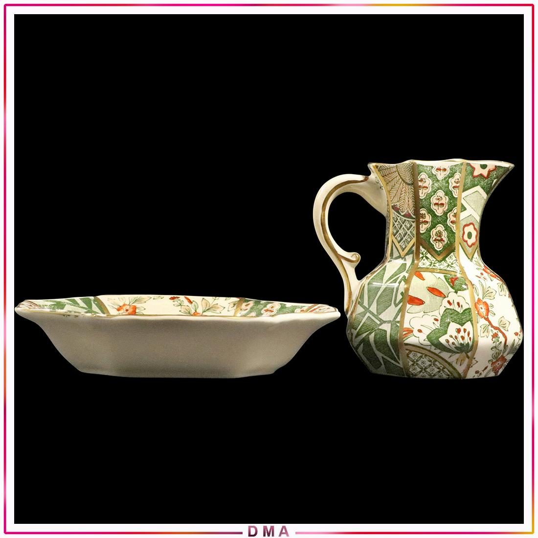 Mason's "Applique" Tapestry Pattern Small Pitcher, Bowl: Mason's "Applique" Tapestry Pattern Small Pitcher, Bowl. Antique. Size: 4.5h x 4w pitcher, 1.5h x 6.5L x 4.75w bowl