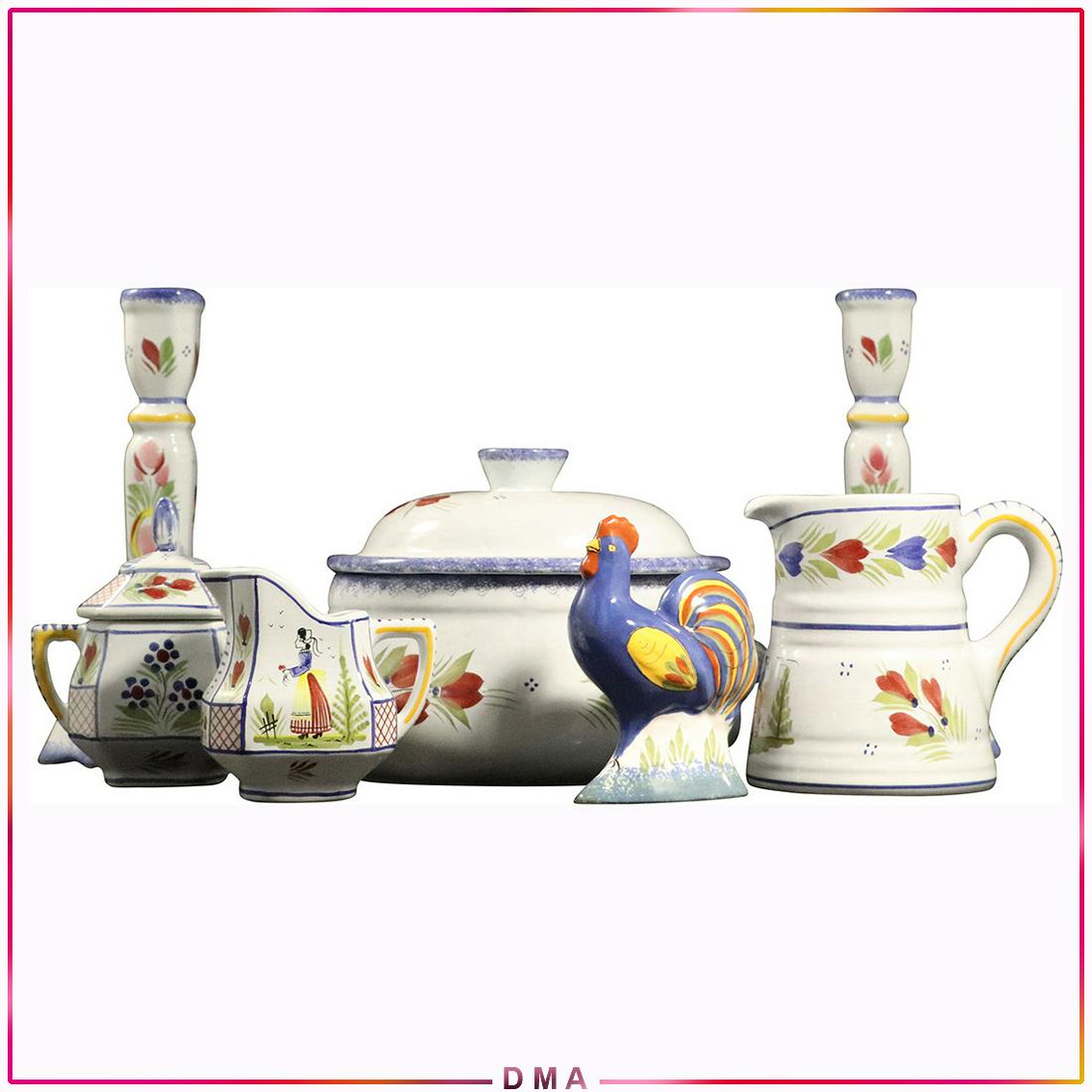 [7] Seven Assorted QUIMPER Pottery - Variety: [7] Seven Assorted QUIMPER Pottery - Variety. Size: 5.5x7 tureen, 8.5x4.5 candlesticks, 5x4 creamer, 3.5x4 creamer, 5x5 sugar, 4.5x3 rooster
