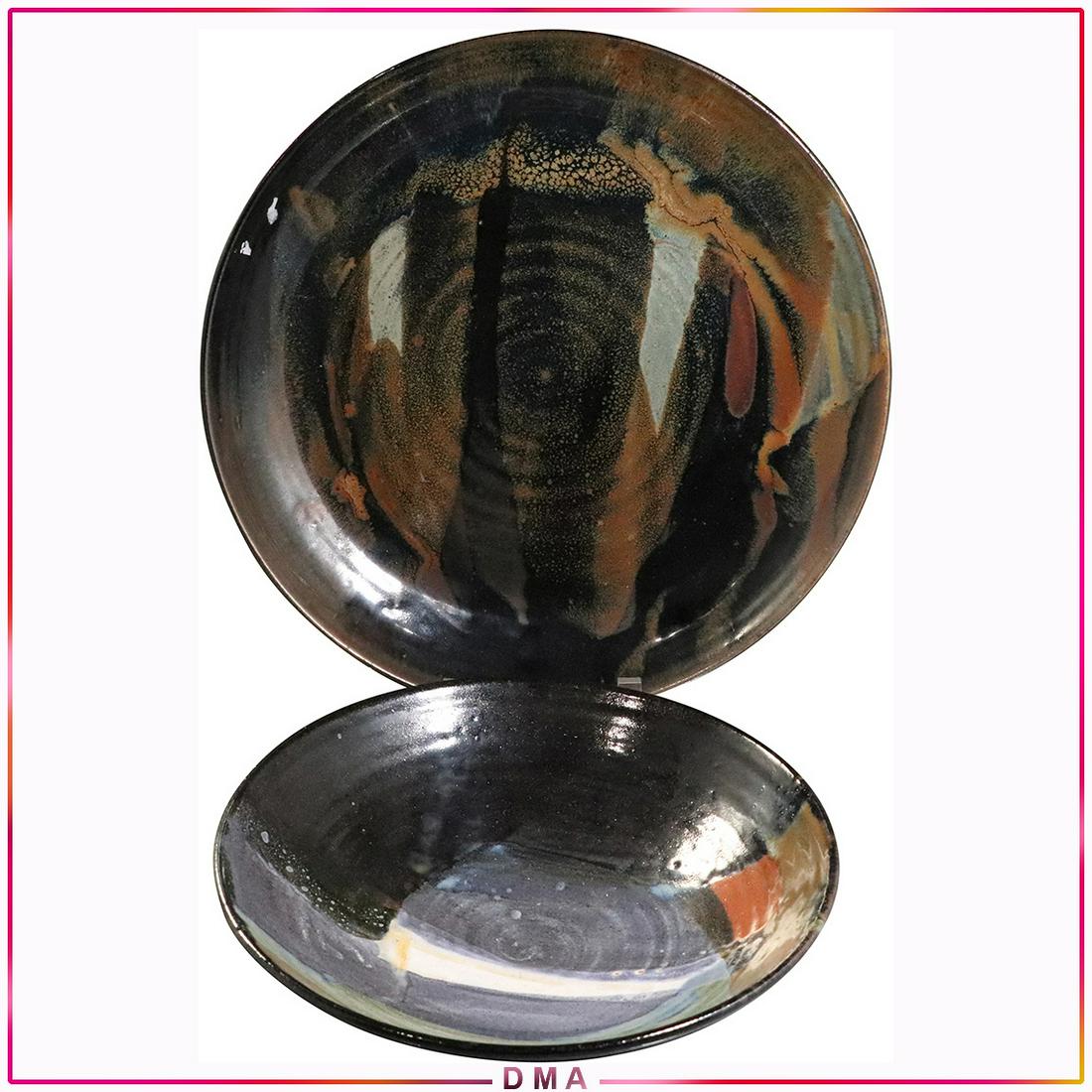 2 Assorted Studio Art Pottery Brown Glaze Abstract Bowl: 2 Assorted Studio Art Pottery Brown Glaze Abstract Bowl and round charger serving tray. Signed. Size: 3h x 11.5dia bowl, 15dia plate