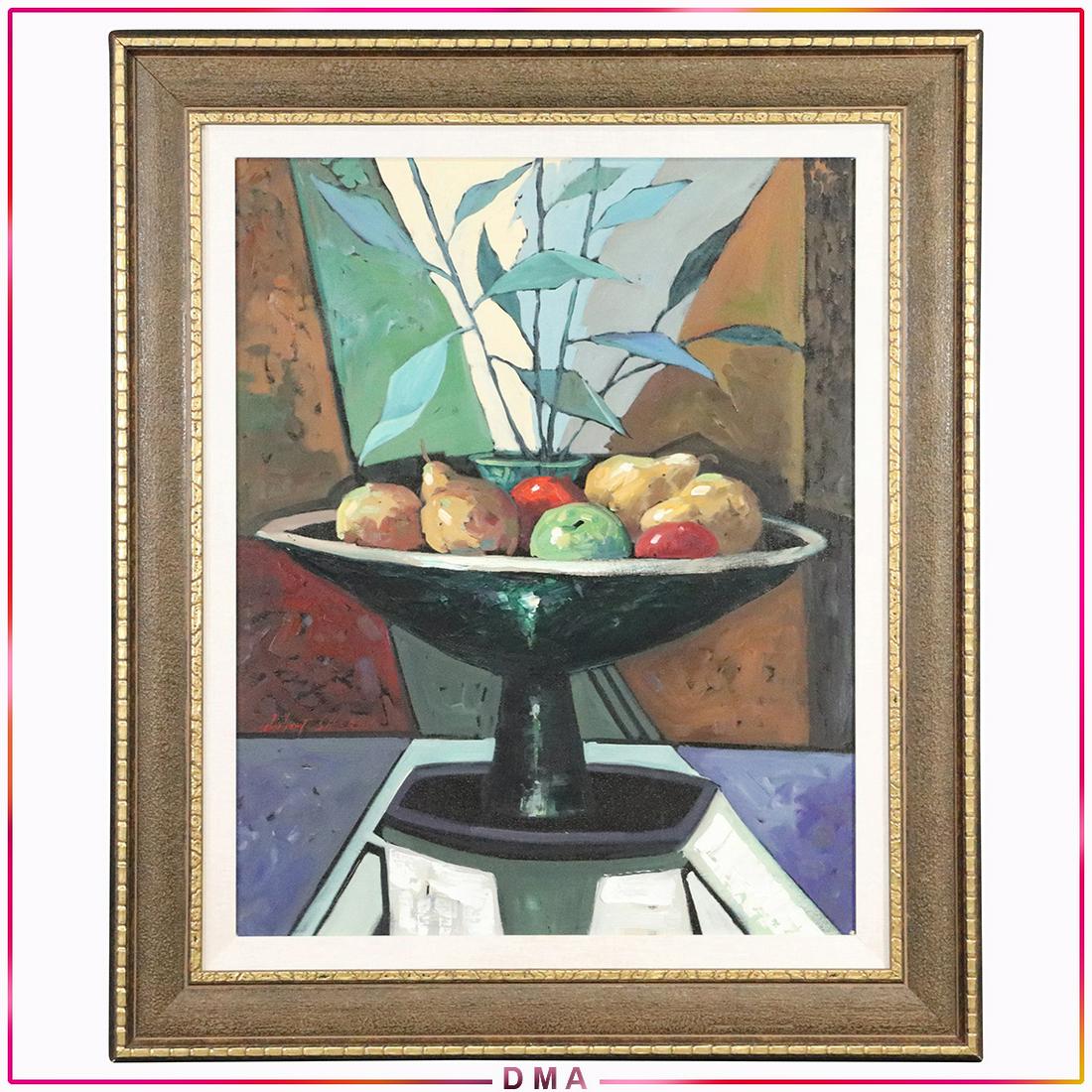 Robert Sheko 20th C. Oil/c Cubist Fruit Bowl Still Life: Robert Sheko 20th C. Oil/c Cubist Fruit Bowl Still Life. Oil on canvas painting, Signed on front and Signed & Personalized on back of canvas. Quality framing. Marlin Art Label on verso. Size: 30x24 im