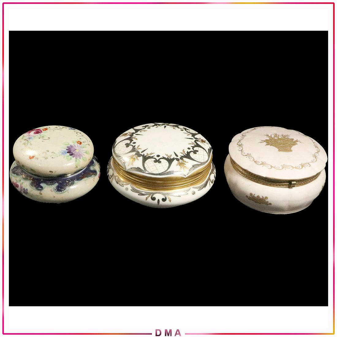 [3] Assorted Round Porcelain Covered Dresser Boxes: [3] Assorted Round Porcelain Covered Dresser Boxes with covers. Vintage. One is Limoges France. Size: 3.5h x 5-6w range