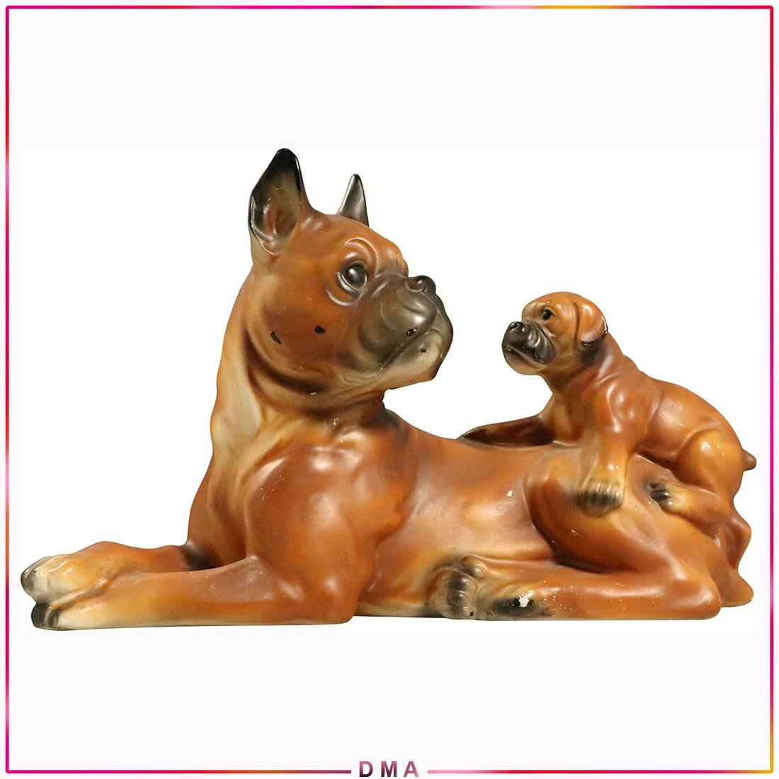 Vintage Ceramic Mother Boxer Dog Figure with Offspring: Vintage Ceramic Mother Boxer Dog Figure with Offspring. Size: 6x9.5x4