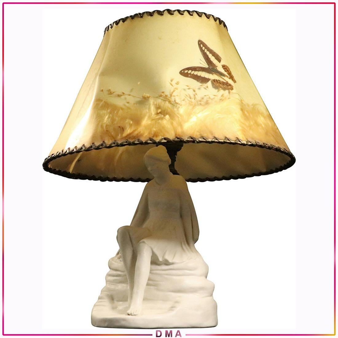 Van Briggle Pottery White Seated Woman Lamp: Van Briggle Pottery White Seated Woman Lamp with original shade. Size: 14.5h x 12w
