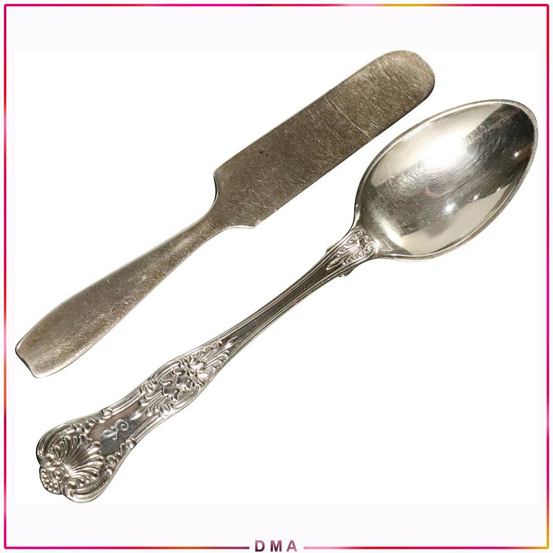 [2] TIFFANY & CO Sterling Silver Spoon and Butter Knife: [2] TIFFANY & CO Sterling Silver Spoon and Butter Knife. Both marked: Tiffany & Co. Sterling. Size: 5L x 0.75w, 5.75L x 1.25w