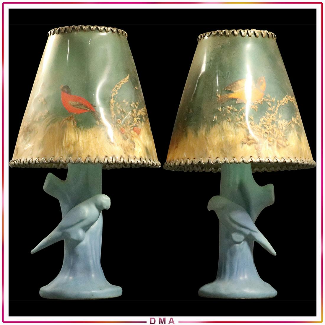 [2] Two Van Briggle Pottery Aqua Color Bird Lamps: [2] Two Van Briggle Pottery Aqua Color Bird Lamps with original shades. Both need rewiring. Vintage. Size: 12h x 7w