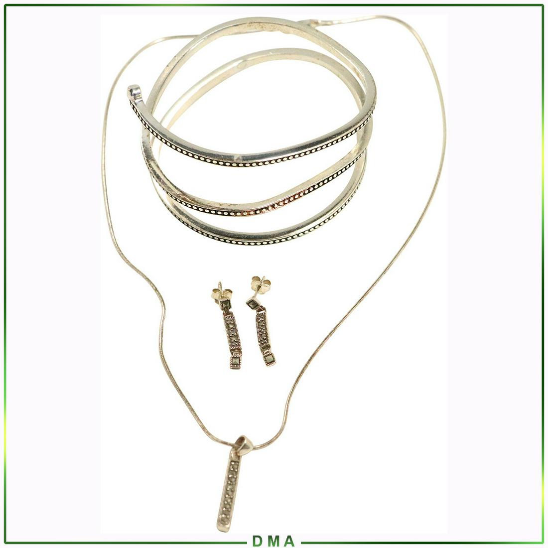 Brighton Sterling 3-Ring Bracelet / 3 Pc .925 Marcasite: Brighton Sterling Silver 3-Ring Bracelet , tests Sterling. / 3 Pc .925 Sterling Silver Marcasite Necklace and Earrings Set, marked: .925 size: bracelet 3 in. x 2 in. ; set necklace 18 in. pendant 1.25
