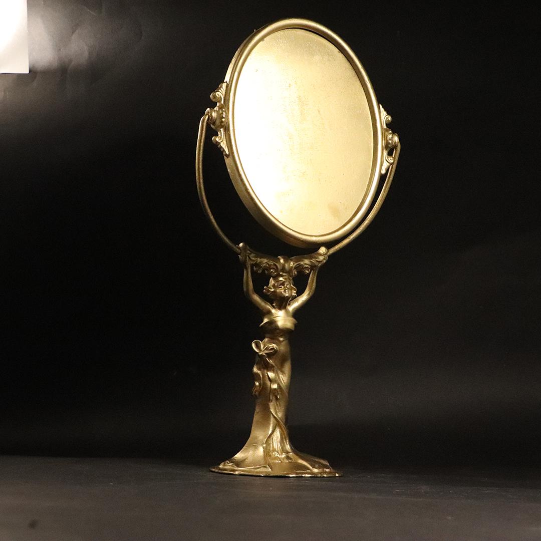 Cast Iron Art Nouveau Woman Figure Dresser Mirror: Cast Iron Art Nouveau Woman Figure Dresser Mirror. Size: 15.5h x 7.5w