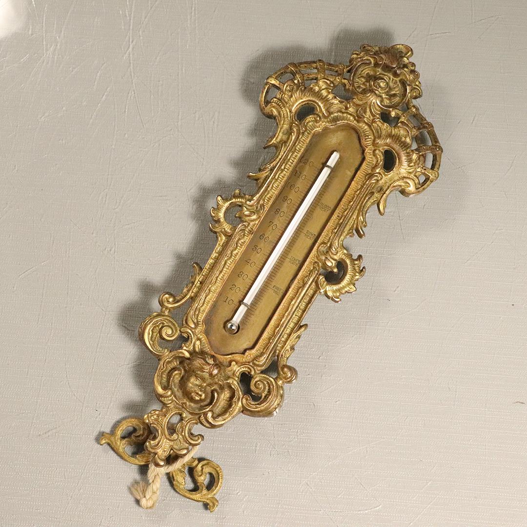 Victorian Fancy Cast Iron Thermometer Easel Stand Back: Victorian Fancy Cast Iron Thermometer Easel Stand Back. Original gold paint finish. Size: 10.25L x 4w