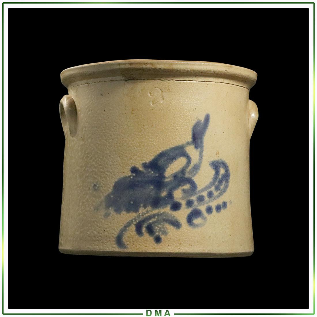 Antique 2 Gal. Stoneware Crock Blue Bird Decoration: Antique 2 Gal. Stoneware Crock Blue Bird Decoration. North East American. Size: 9h x 10.25dia