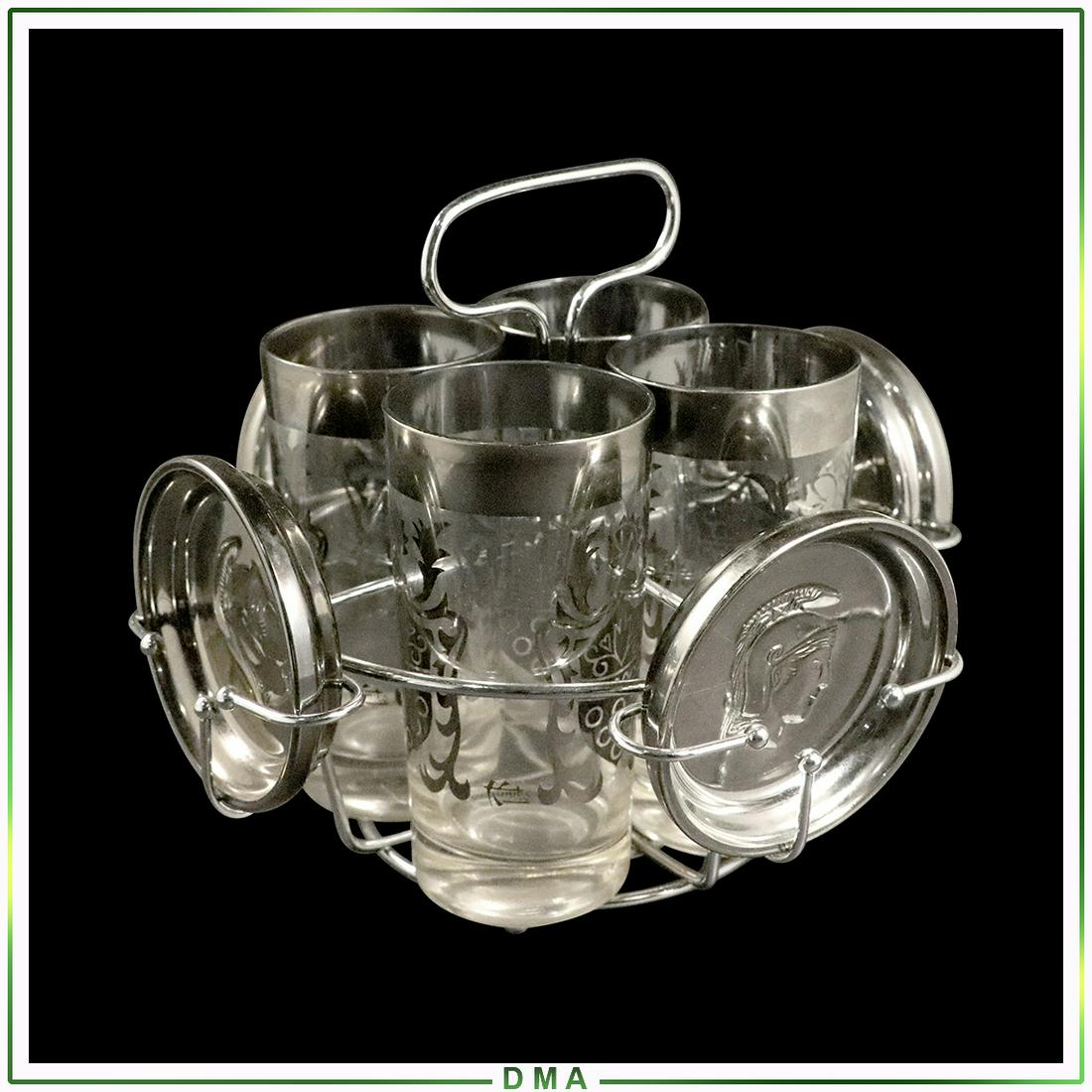 Signed Kimiko Vintage Roman Soldiers Glass Drinking Set: Signed Kimiko Vintage Roman Soldiers Glass Drinking Set. Silvered Glass, Drinking Glasses and Coasters in Caddy Holder. Size: 5.5h x 2.75w glasses, 8h x 9.75w caddy