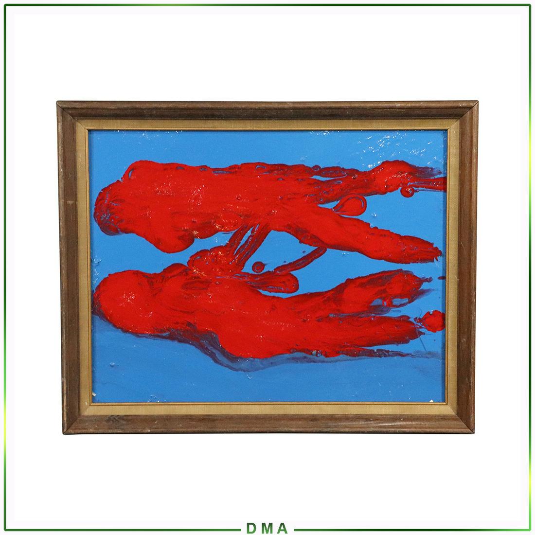 Pulgini, Mid-Century Modern Oil/b Abstract Red on Blue: Pulgini, Mid-Century Modern Oil/b Abstract Red on Blue. Oil on board. Signed on Verso. Framed. Popular Philadelphia area Artist. Size: 14x18 image, 16x20 outside frame