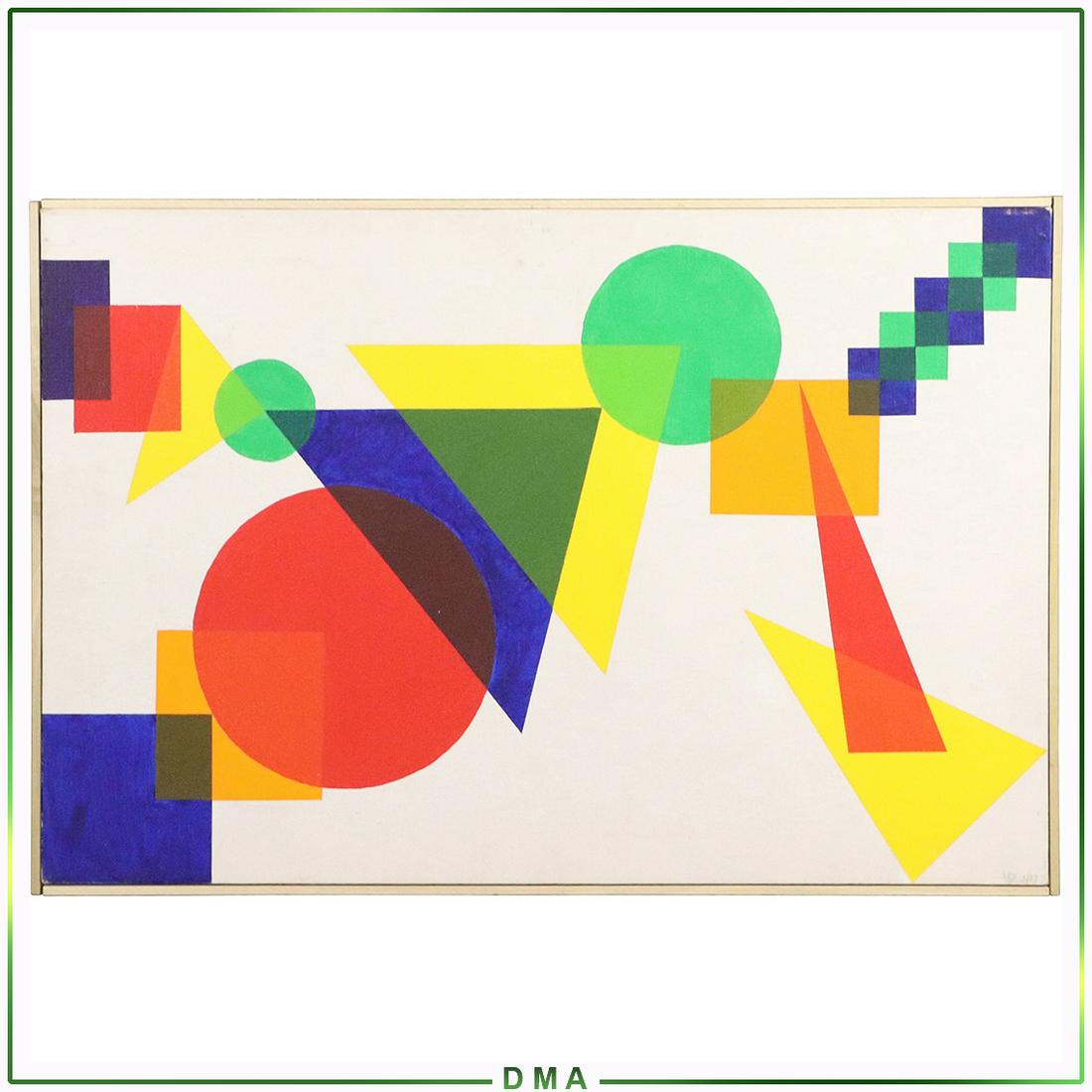 Sharon Kozlowski, Polish, Colorful Geometric Oil Signed: Sharon Kozlowski, Polish, Colorful Geometric Oil on canvas painting, Signed and dated on front: Koz 1977 ; and signed on back with full name: Sharon Kozlowski. Original framing. Size: 20x30 image, 20.