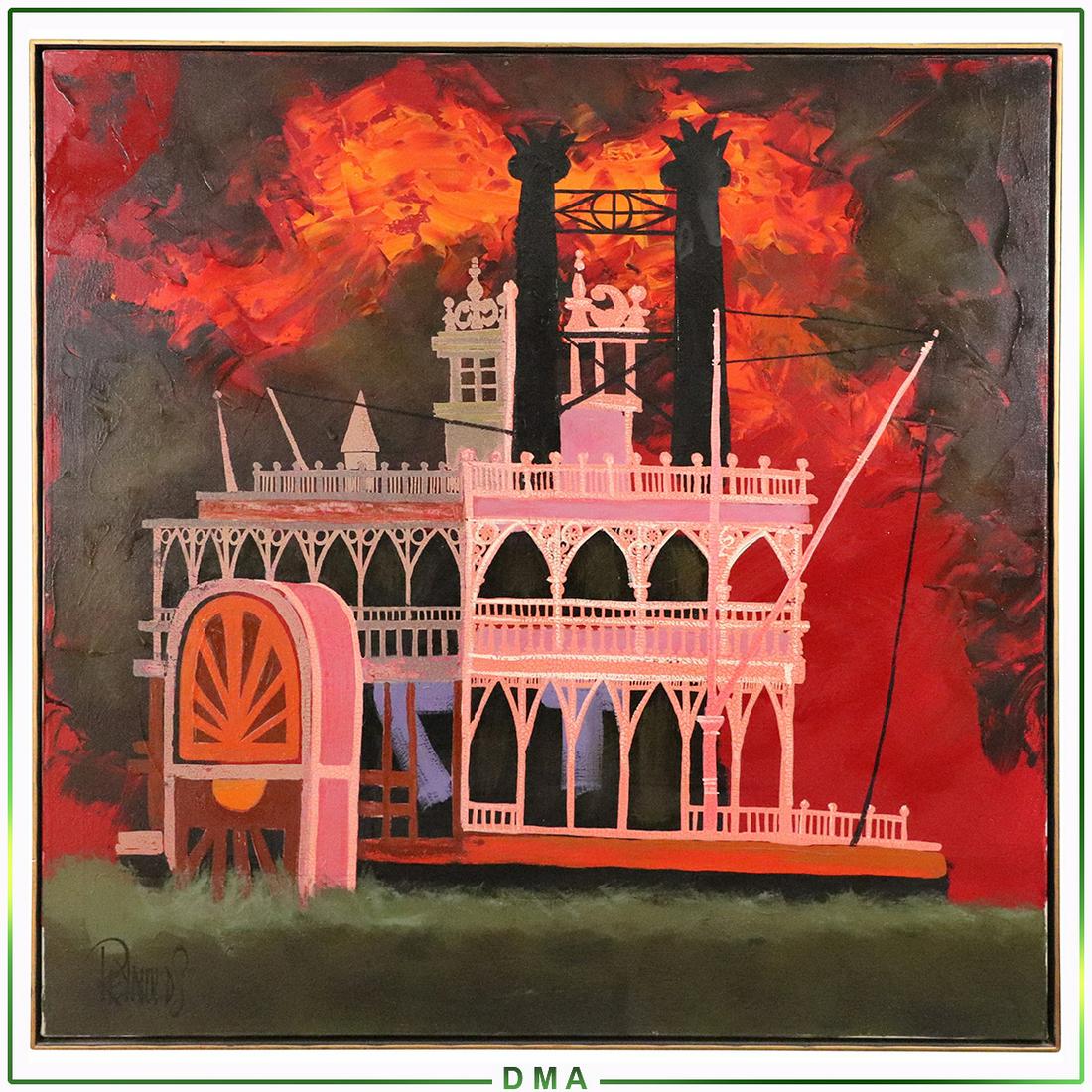 Lee Burr, Signed Pen Name Lee Reynolds, Oil/c Riverboat: Lee Burr, Signed Pen Name Lee Reynolds, Oil/c Mississippi Riverboat. Oil on canvas painting, Signed Reynolds. Size: 40x40 image, 41x41 outside frame. ASKart: Lee Burr Born: 1936Known for: Abstraction,