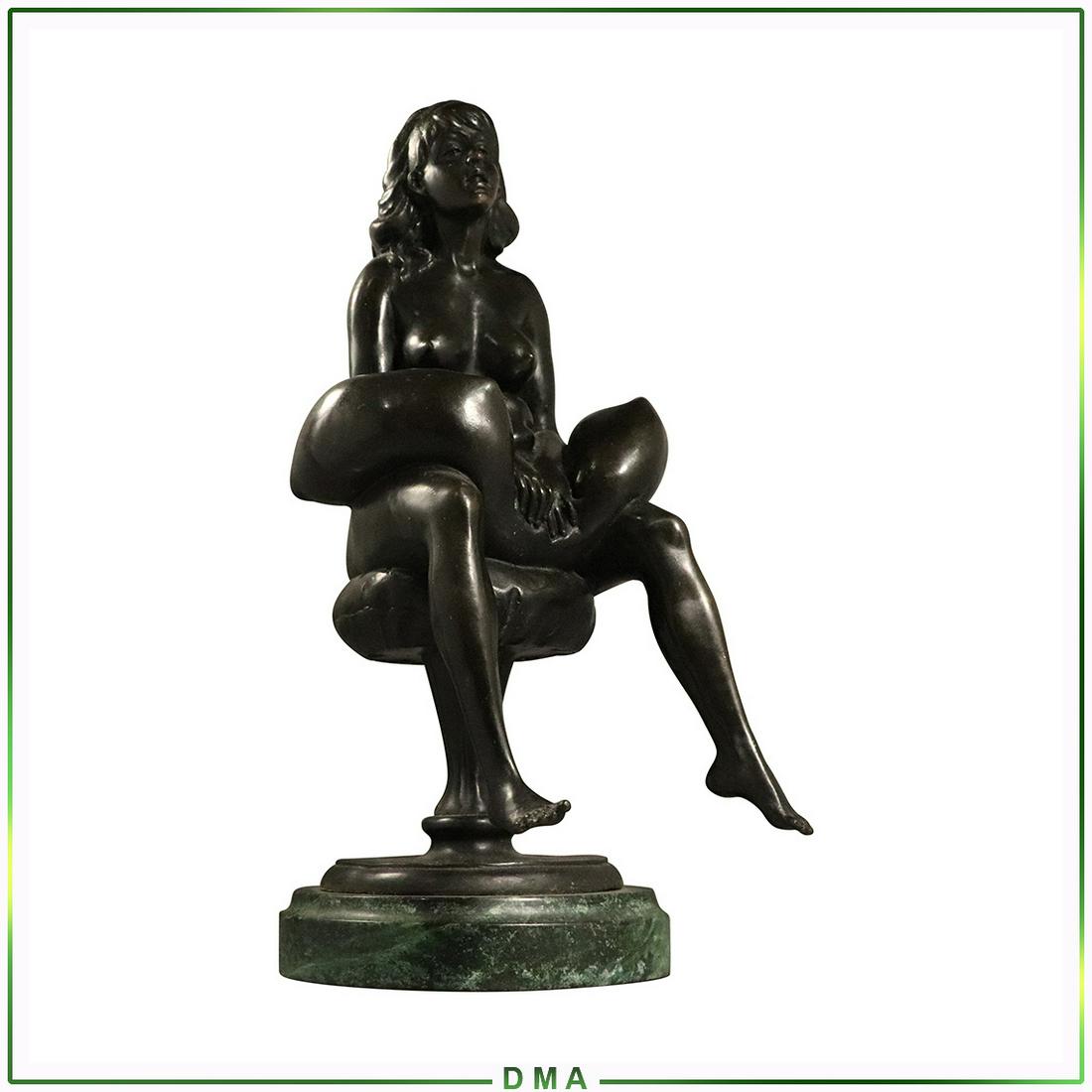 Bronze Seated Nude Girl on Stool Holding a Pillow: Bronze Seated Nude Girl on Stool Holding a Pillow. Mounted on marble base. Good bronze patina finish. Size: 13h x 6w