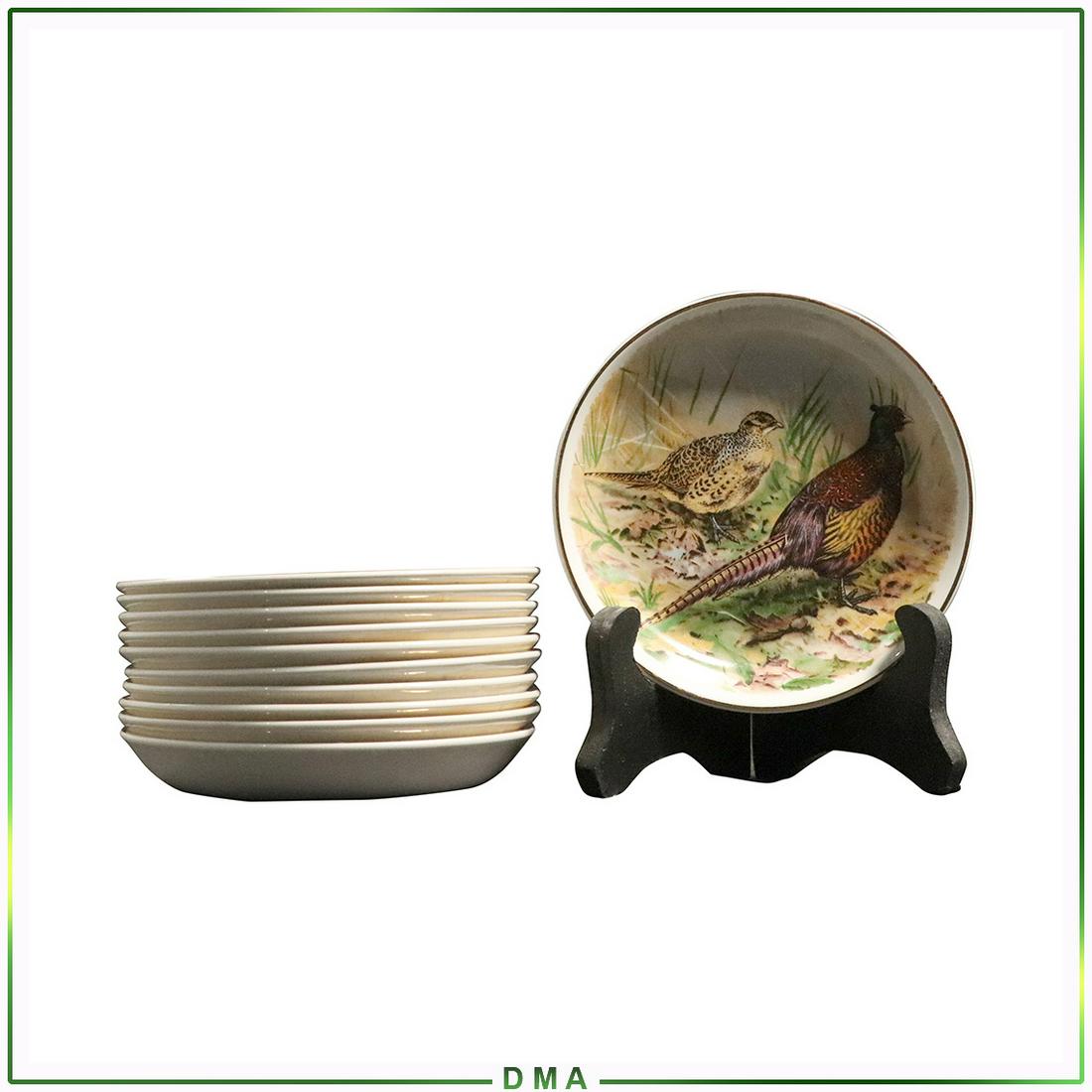 11 Crown Staffordshire Porcelain Game Bird Butter Pats: 11 Crown Staffordshire England Porcelain Game Bird Butter Pats. Size: 4.25dia