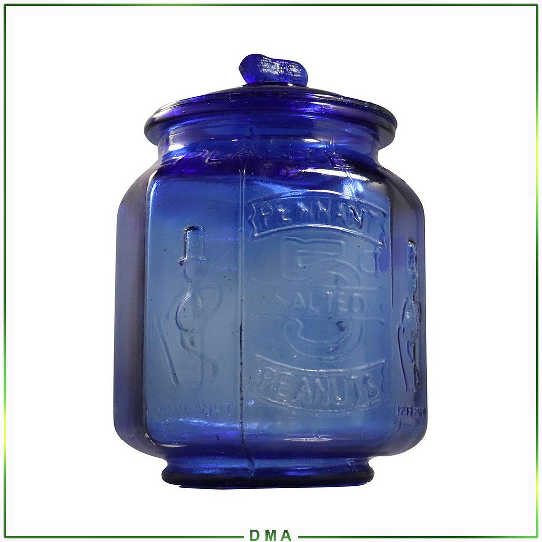 Planters Peanut Covered Jar in Cobalt Blue Glass: Planters Peanut Covered Jar in Cobalt Blue Glass. Size: 12h x 8w