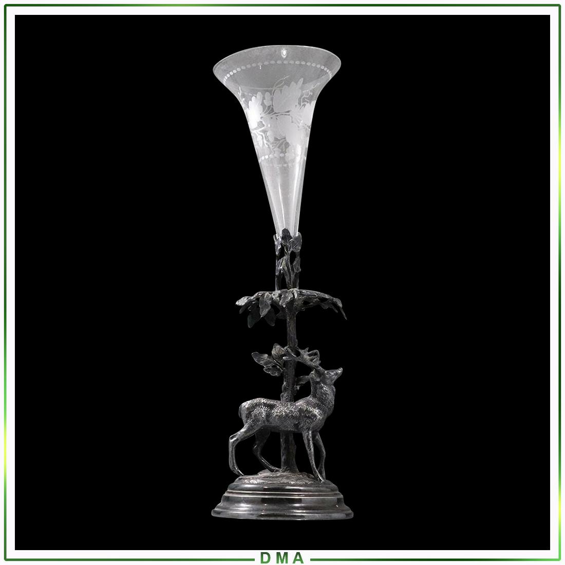 WWH&Co Silver Plate Stag Figure Base Crystal Glass Vase: WWH&Co Silver Plate Stag Figure Base Crystal Glass Vase. Antique Victorian. size: 14.75h x 4.5w