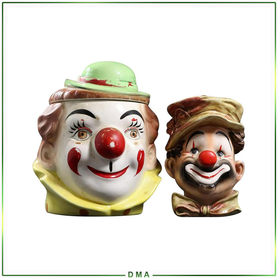 Vintage Ceramic Clown Face Cookie Jar & Clown Planter: Vintage Ceramic Clown Face Cookie Jar & Clown Planter. size: 6.5h x 4w, 8.5h x 7w