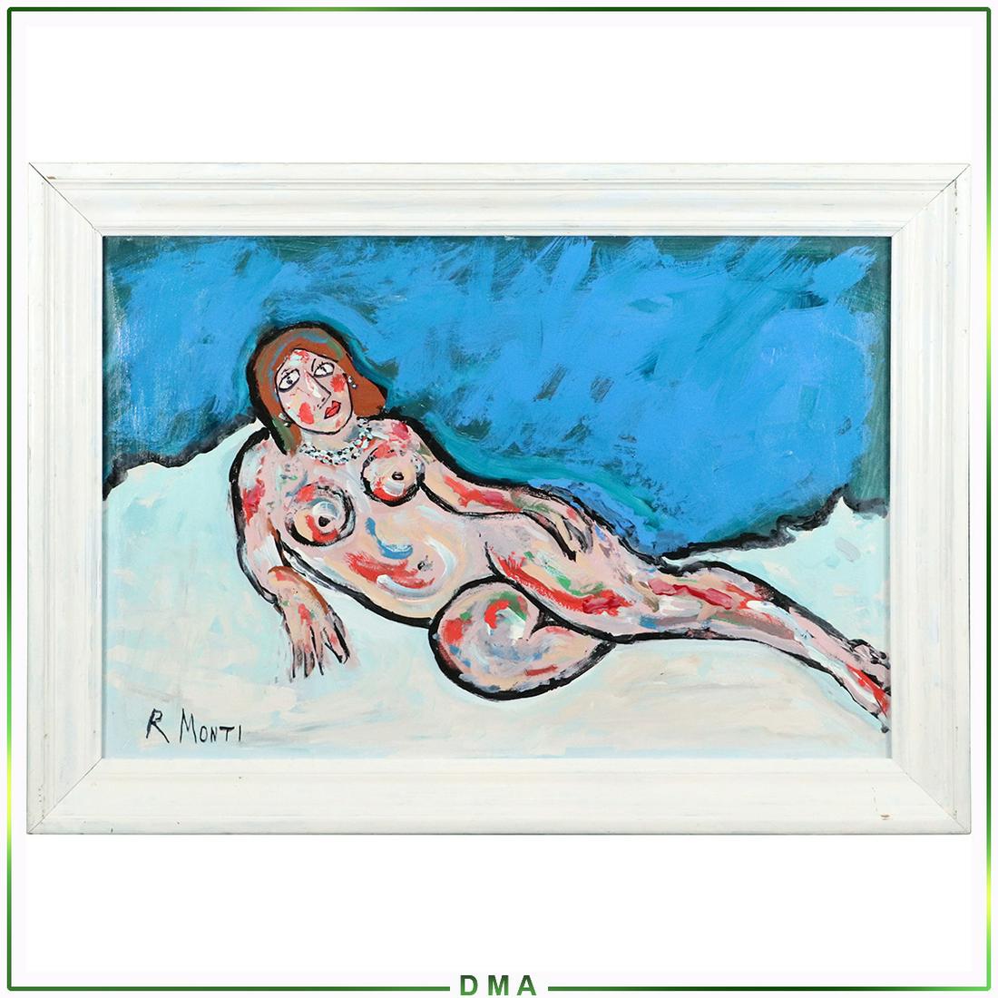 R Monti, Mid-Century Modern Abstract Reclining Nude O/c: R Monti, Mid-Century Modern Abstract Reclining Nude O/c. Oil on canvas painting. Signed both front and back. Framed. Popular Philadelphia Area Artist. Top Auction Prices Recorded for this Artist: $225