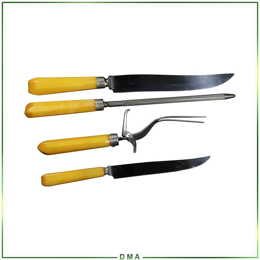 4 Pc. Yellow Bakelite Carving Set , Mid-Century Modern: 4 Pc. Yellow Bakelite Carving Set , Mid-Century Modern. Vintage. Size: 10-13L range