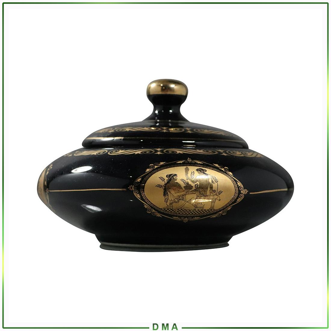 Adis Greece Black and 22K Gold Decorated Covered Jar: Adis Greece Porcelain Black and 22K Gold Decorated Covered Jar Size: 4.5h x 7w