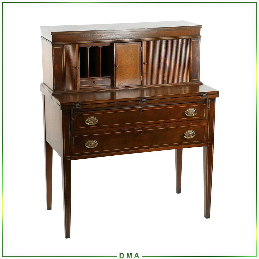 Hepplewhite Style Mahogany Tambor Desk: Hepplewhite Style Mahogany Tambor Desk. Vintage. Size: 44x36x19